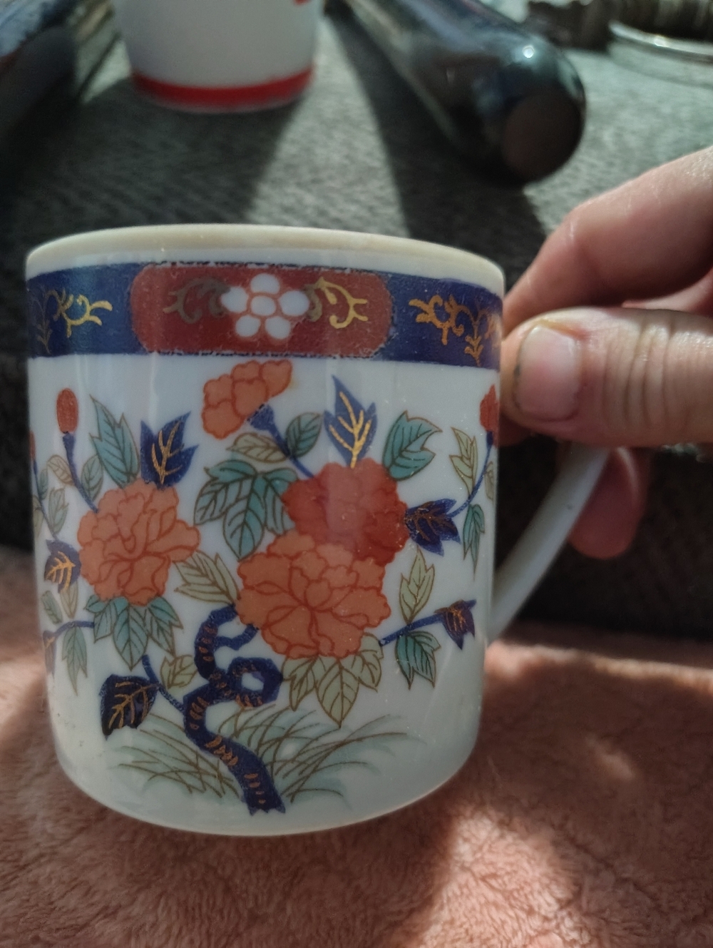 Porcelain Floral Coffee Mug - White with Orange & Blue Floral Design